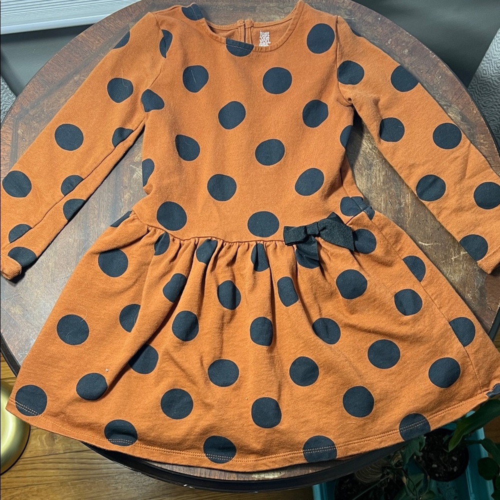 Girls Brown With Black Polka Dot Long-Sleeve Dress with Bow